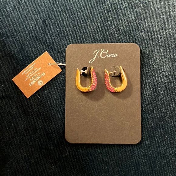 J.Crew Women's Oblong Pave Hoop Earrings Pink BD887 - Picture 1 of 3